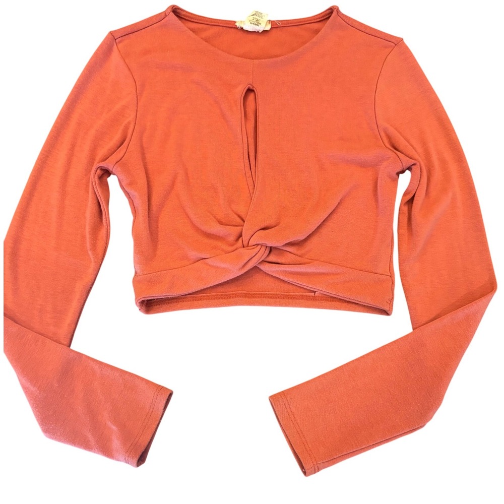Better Be Womens Long Sleeve Crop Top Terracotta Rust Ribbed Knit Crew Neck Med